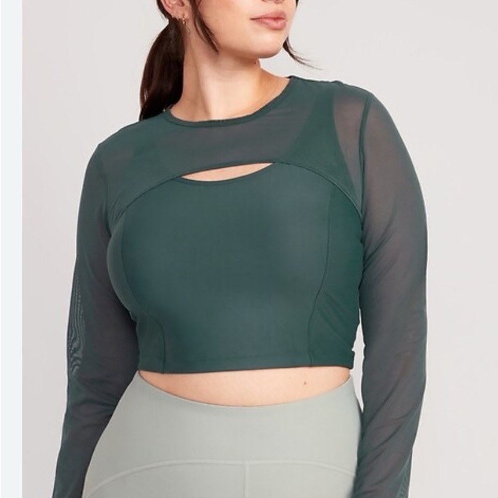 Old Navy Active Dark Green Powersoft Mesh Crop Top XL Long Sleeve Cut Out Go Dry
